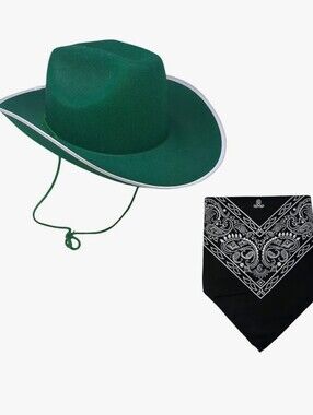 Cosmic Chameleon Wester Green Felt Cowboy Hat with Chin Cord and Black Bandana